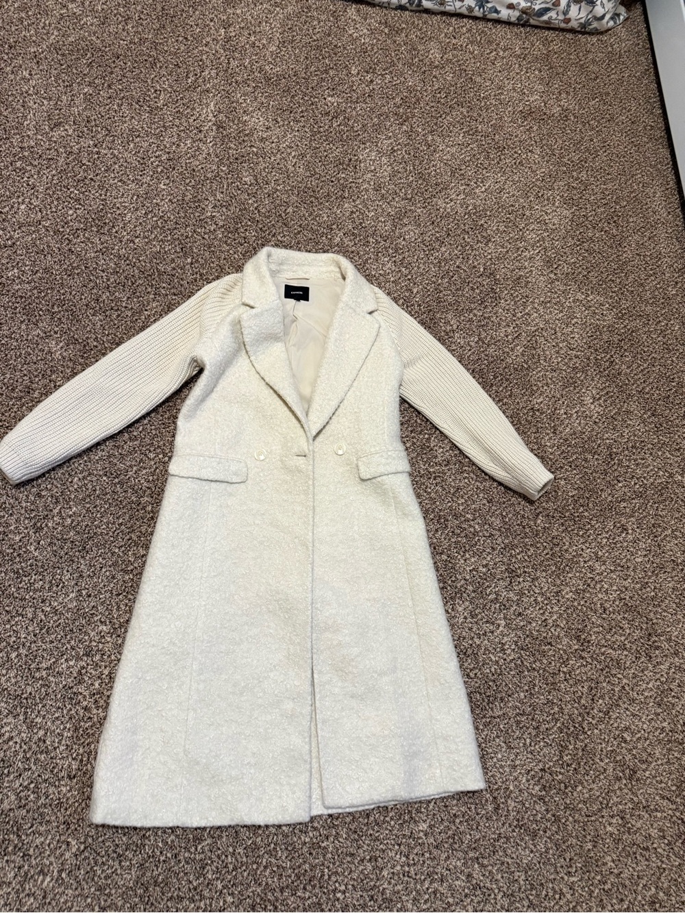 Express Ivory Long Trench Coat with Knit Sleeves